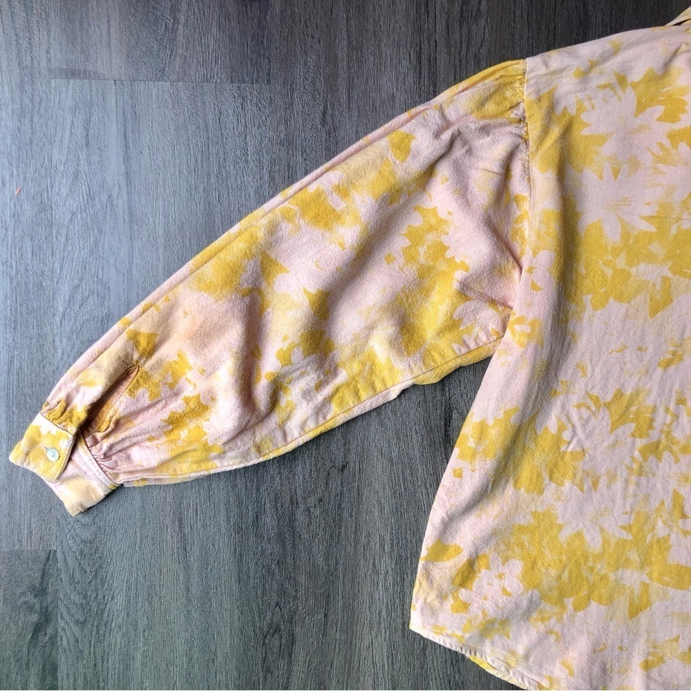 Self Contrast Blouse Women’s XS Pink Yellow Linen Blend Puff Sleeve Button Shirt - Picture 4 of 8